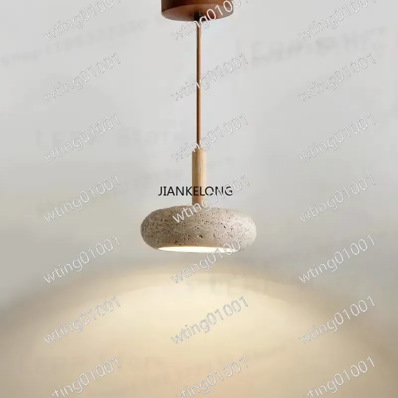 for JKL Wabi-Sabi Yellow Travertine Pendant Light Nordic Round Stone Wood Hanging Lamp Kitchen Island Bedroom Bedside Decor