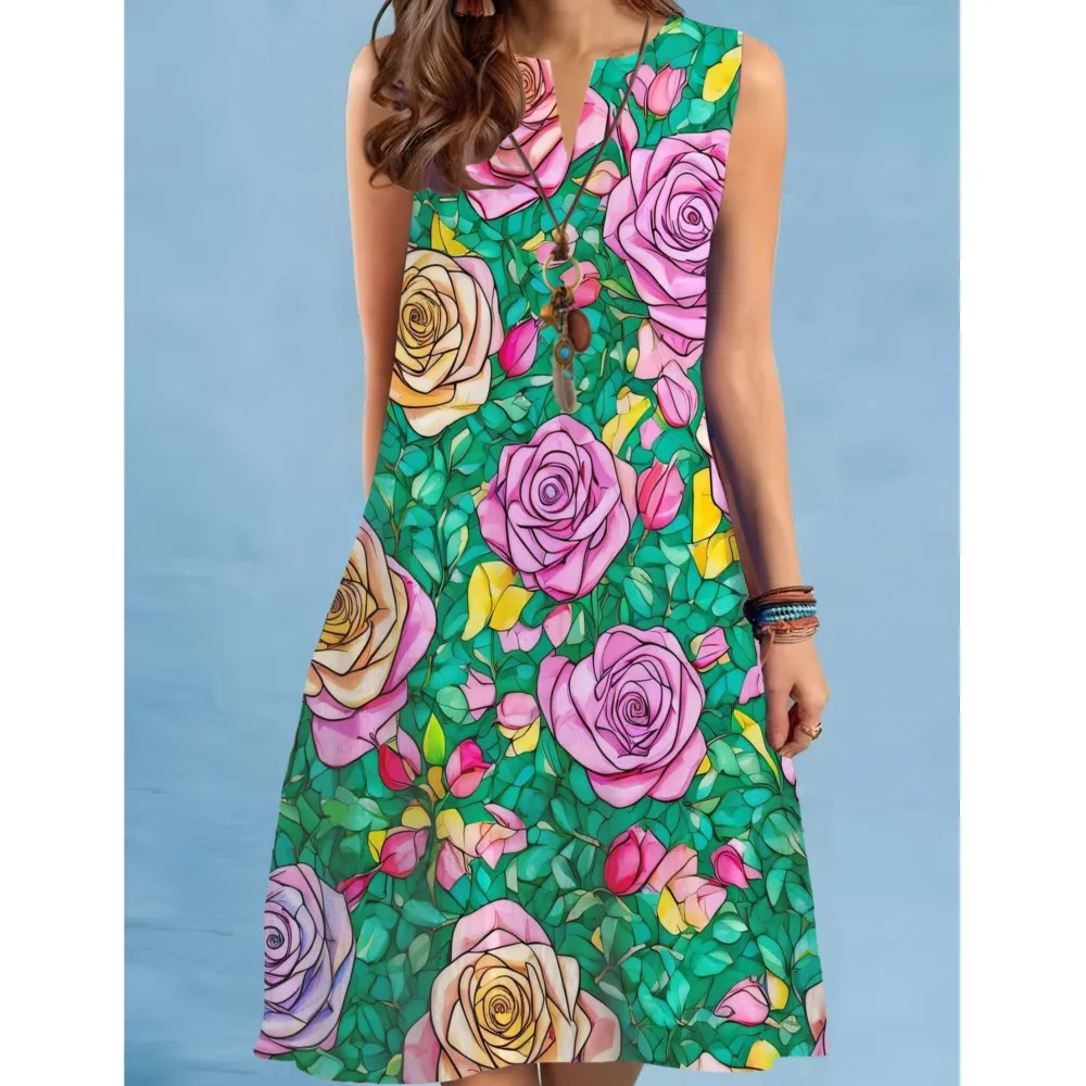 Vestido de vacaciones Retro con estampado Floral de verano para mujer, Vestido playero bohemio a la moda con cuello en V, vestido sin mangas para mujer 2025