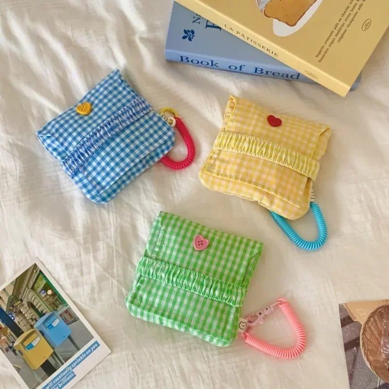 Mini Cartoon Fashion Square Bag Women Colorful Plaid Portable Period Sanitary Napkin Pouch Coin Purse Small Zipper Wallet Cute
