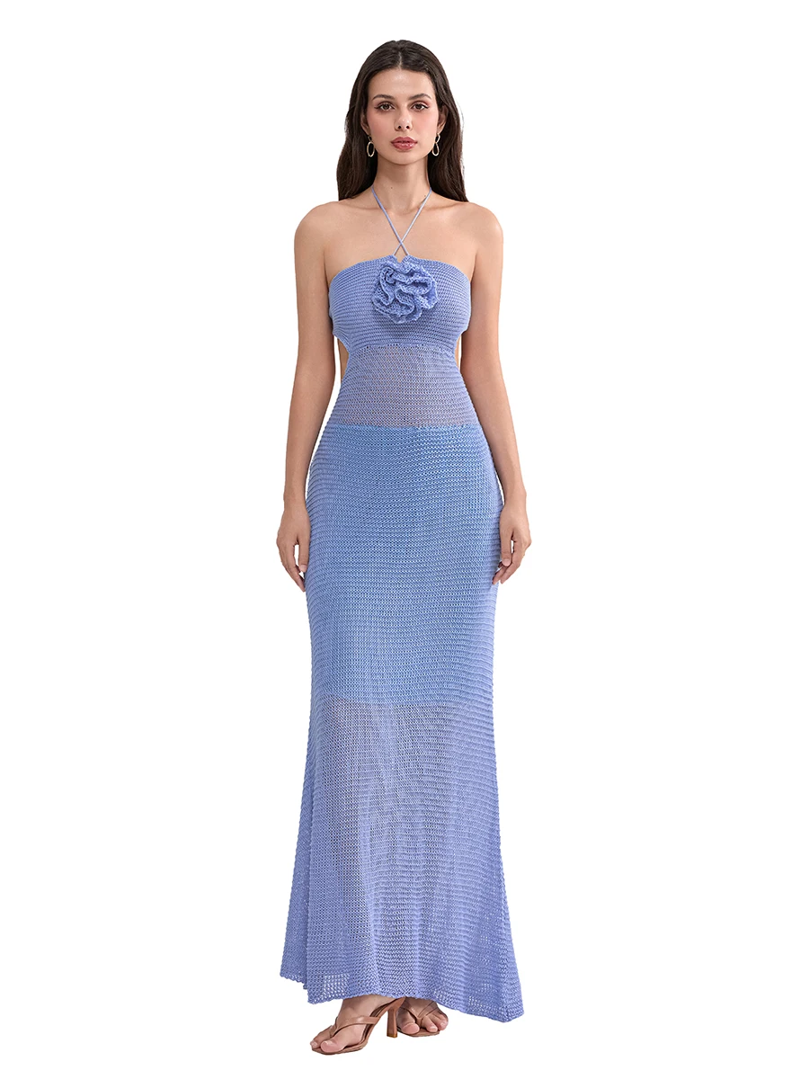 Women s Knitted Halter Dress  Fit Hollowed Cutout Sleeveless See Through 3D Flower Solid Color Long Dress for Party Club