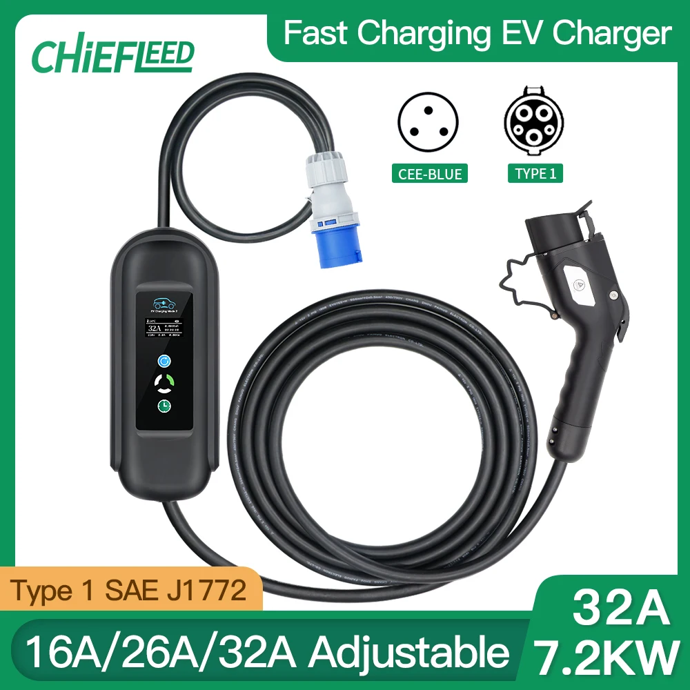 

Chiefleed 32A Type1 Type2 EV Charger 7.2KW 16A 26A 32A Adjustable CEE Blue Plug 220V for IEC 62196-2 Vehicles Charging