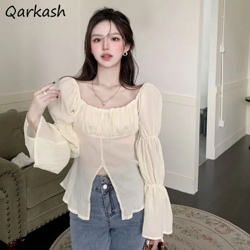 

Women Blouse French Stylish Square Collar Flare Long Sleeve Sexy Slit Slim Fit Chiffon Tops Streetwear Gentle Ulzzang Spring