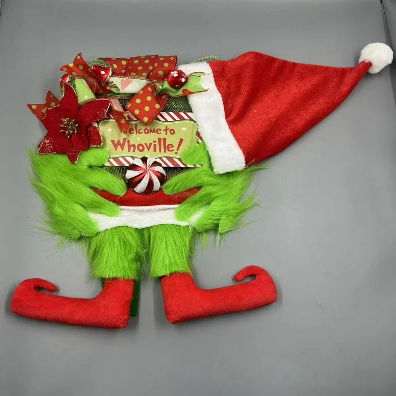 Door Creative Christmas Decor Plush Green Hairy Monster Hanging Ornament Grinch Leg Wreath Door Hanging New Year Decoration