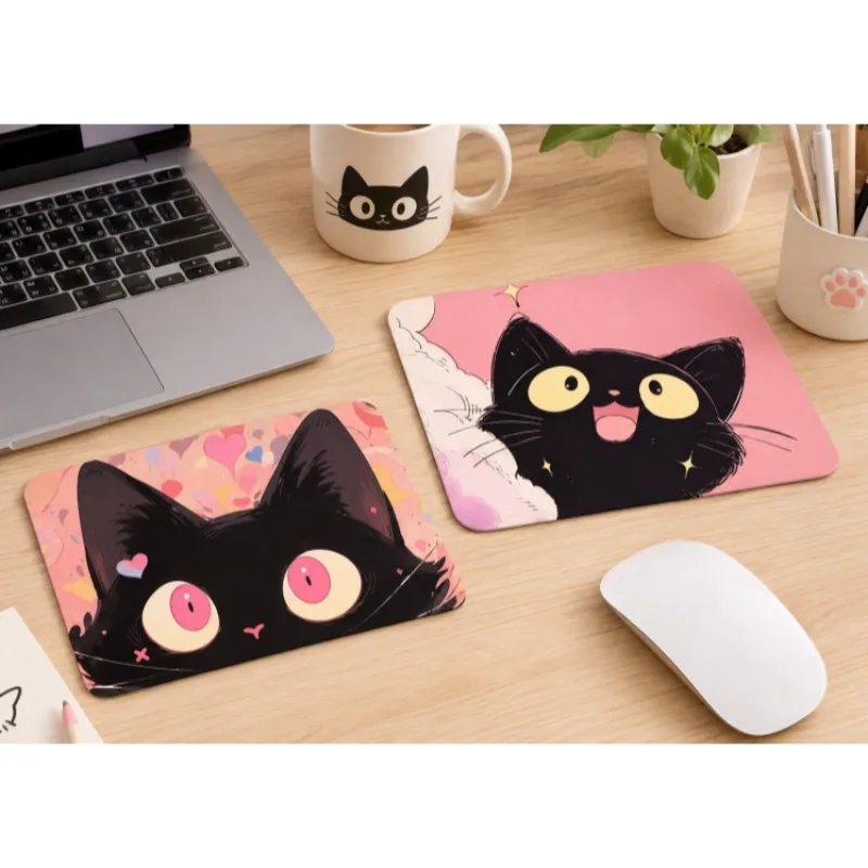 Cute Black Cat Mouse Pad Pink Kawaii Cartoon Cat Desk Mat Funny Kitty Gaming Office Computer Mousepad