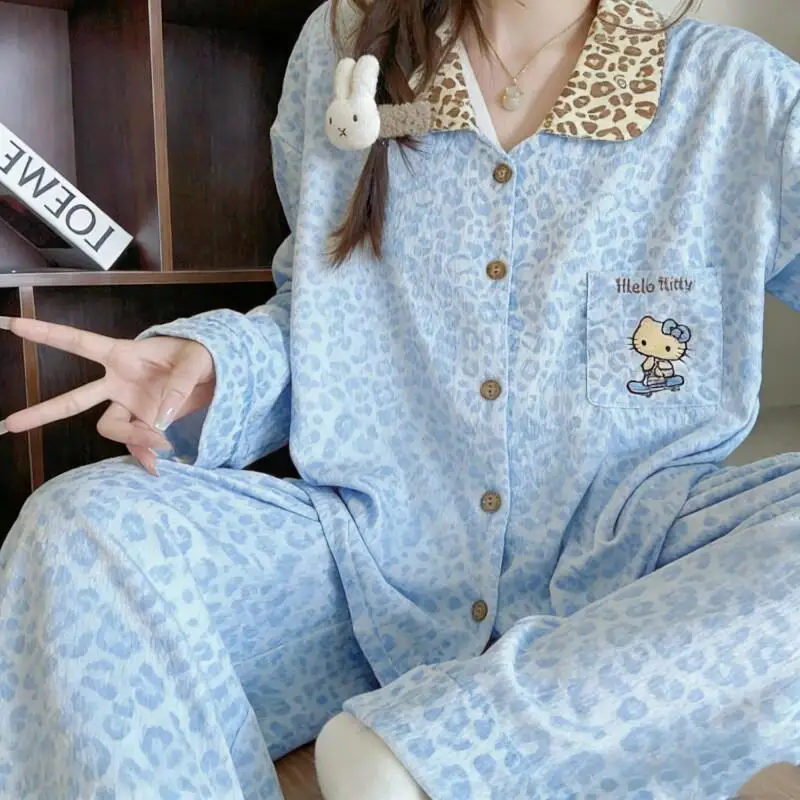 

Комплект для дома Sanrio Hello Kitty: охлаждающий женский домашний костюм с леопардовым принтом, брюки с длинным рукавом, можно носить на выход, премиум-качество, новинка весна-осень