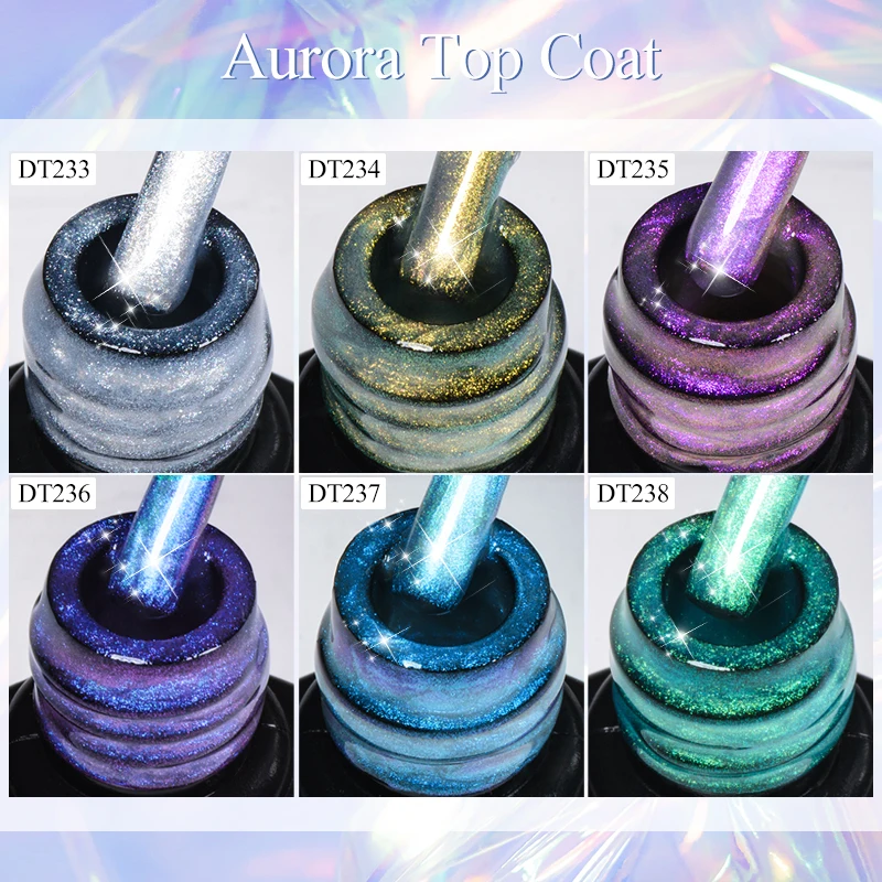 MEET ACROSS 7ml Auroras Top Coat Glitter Nail Gel Polish Auroras Thremal Gel And Extension Gel Semi Permanent Varnish Nail Art