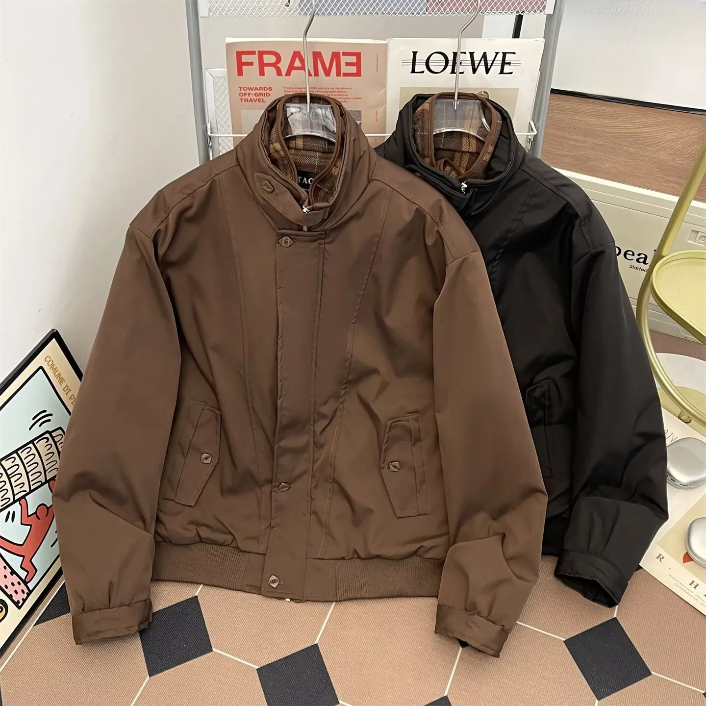 

Autumn Winter Men's Baseball Jaet Stand Collar Cotton Jaet Fake Two-Piece Outerwear Trendy Versatile Youthful Long Sve...