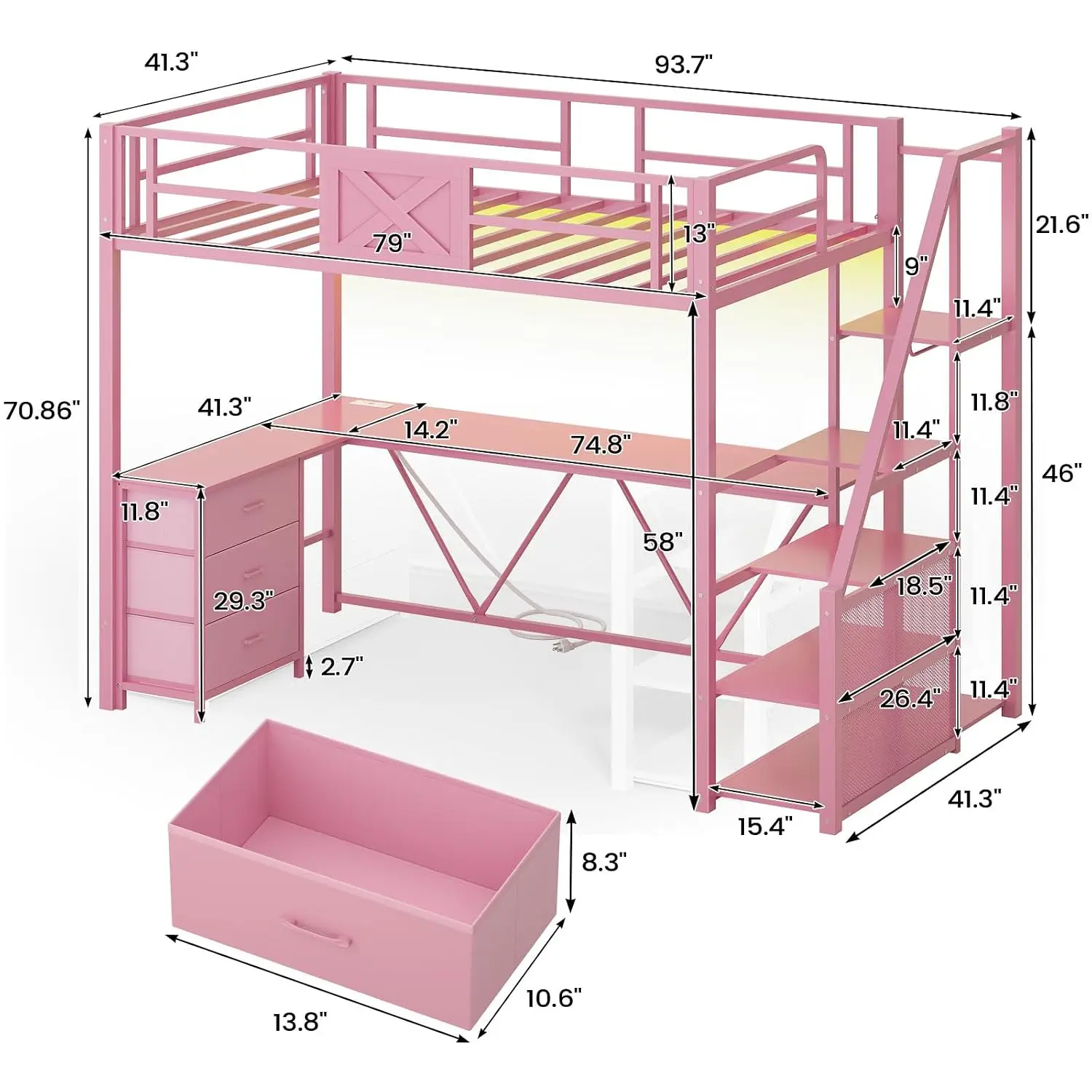 Stairway Twin Size Loft Bed with L Shaped Desk and Wardrobe, Metal Loft Bed Frame with Stairs, 3 Fabric Drawers,, Customized