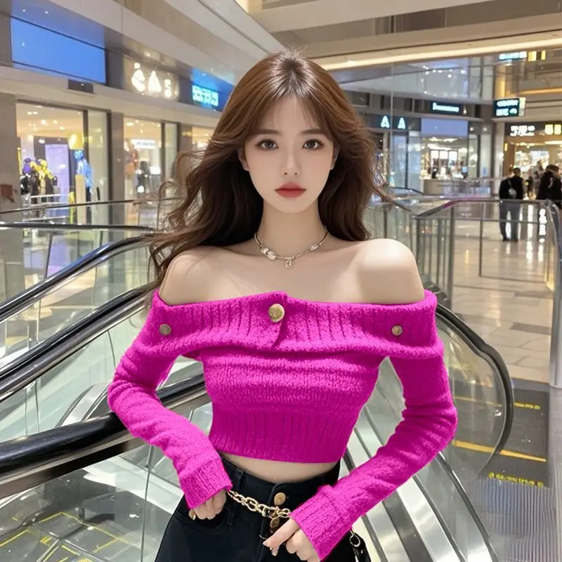 

Women's Winter Autumn Tops Knitwear One-shoulder Long-sleeved Bottoming Shirt Short Paragraph Simple Loose Design Sense Senior