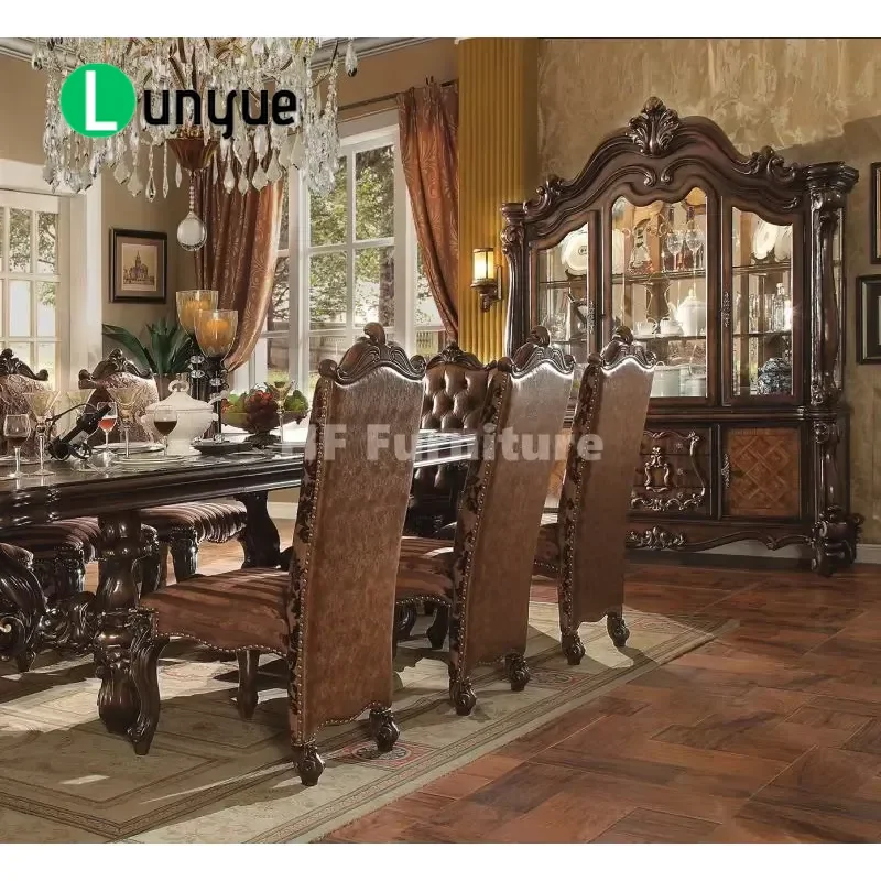 Luxury French Carved Wood Long Dining Table Set with 8 Chairs Classic Style Elegant Dining Room Furniture High End Decor