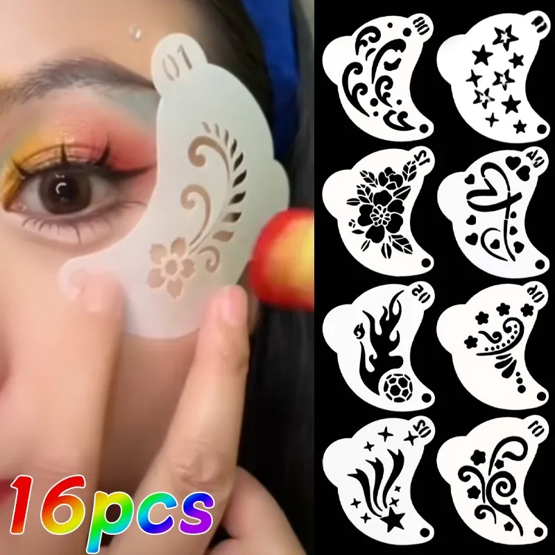 16pcs Facial Painting Template Makeup for Children Reusable Face Painting Stencils Plastic Cartoon Flower Heart Body Tattoo Arts
