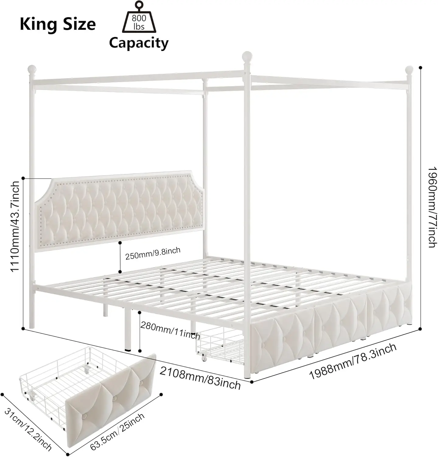 Estrutura de cama King estofada com dossel com 3 gavetas e cabeceira capitonada com botões, cama de plataforma de metal com 4 postes removíveis