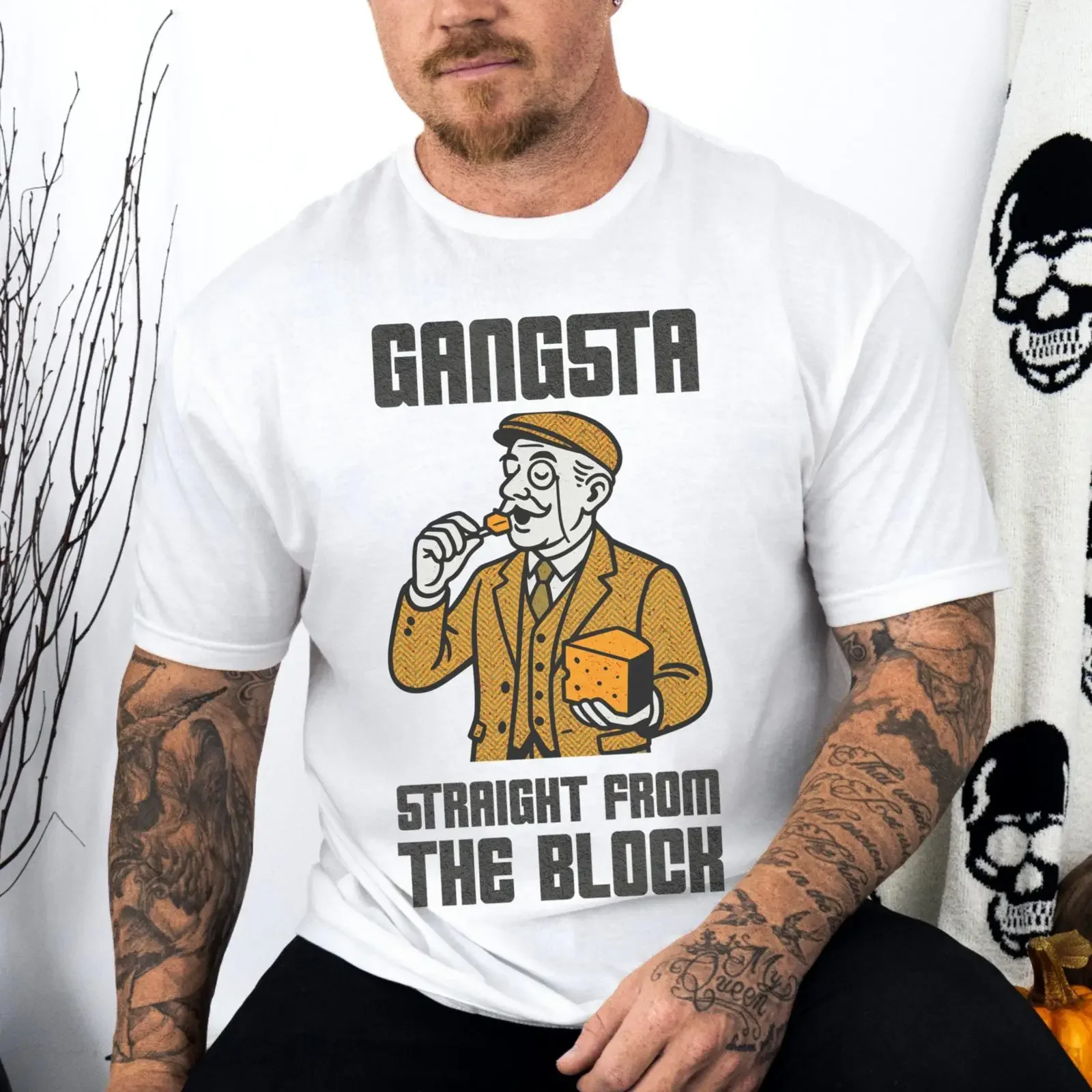 Gangsta Straight From The Block Cheese Funny T Shirt vintage Washed fashion graphic Top For Everyday Wear Stylish