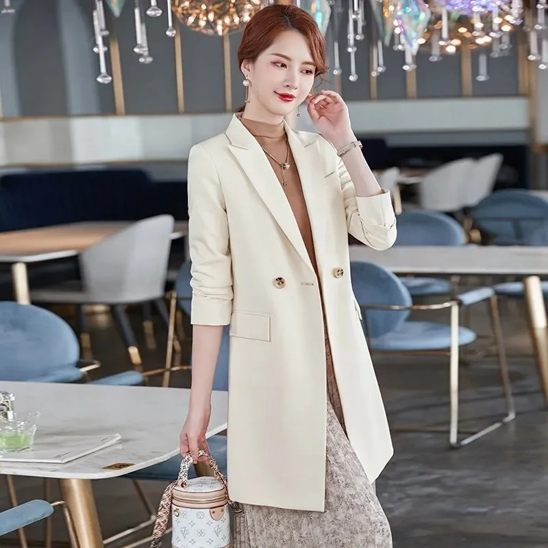 Elegant Long Trench Coat Women Korean Double Breasted Office Lady Blazer Jacket Fashion Streetwear Long Sleeved Overcoats