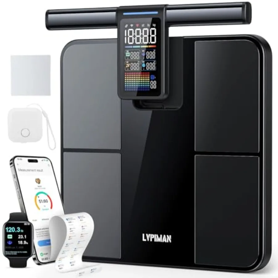 Smart bathroom scale for home use, ABS plastic body with black color, displays 57 body composition metrics including BMI and mu
