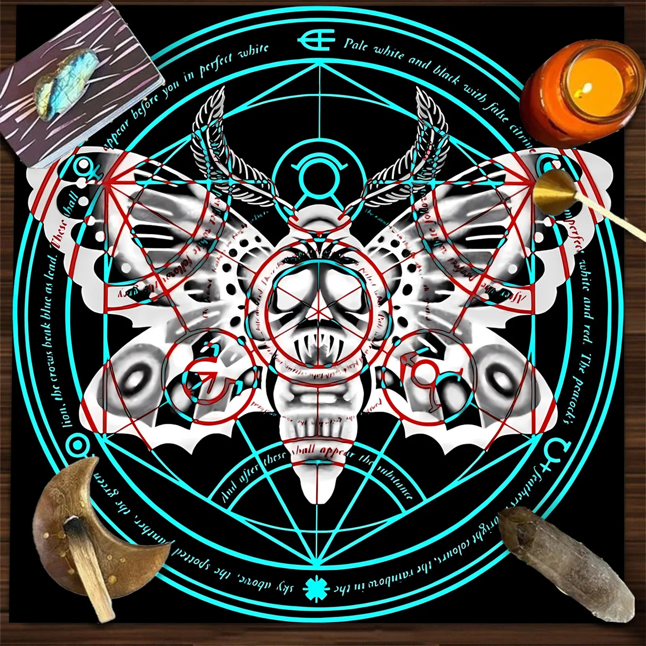 VIKAMA Purple Blue Neon Luna Moth Mandala Tarot Reading Cloth Mystical Occult Altar Cloth Divination Mat Foldable Witchy Gift