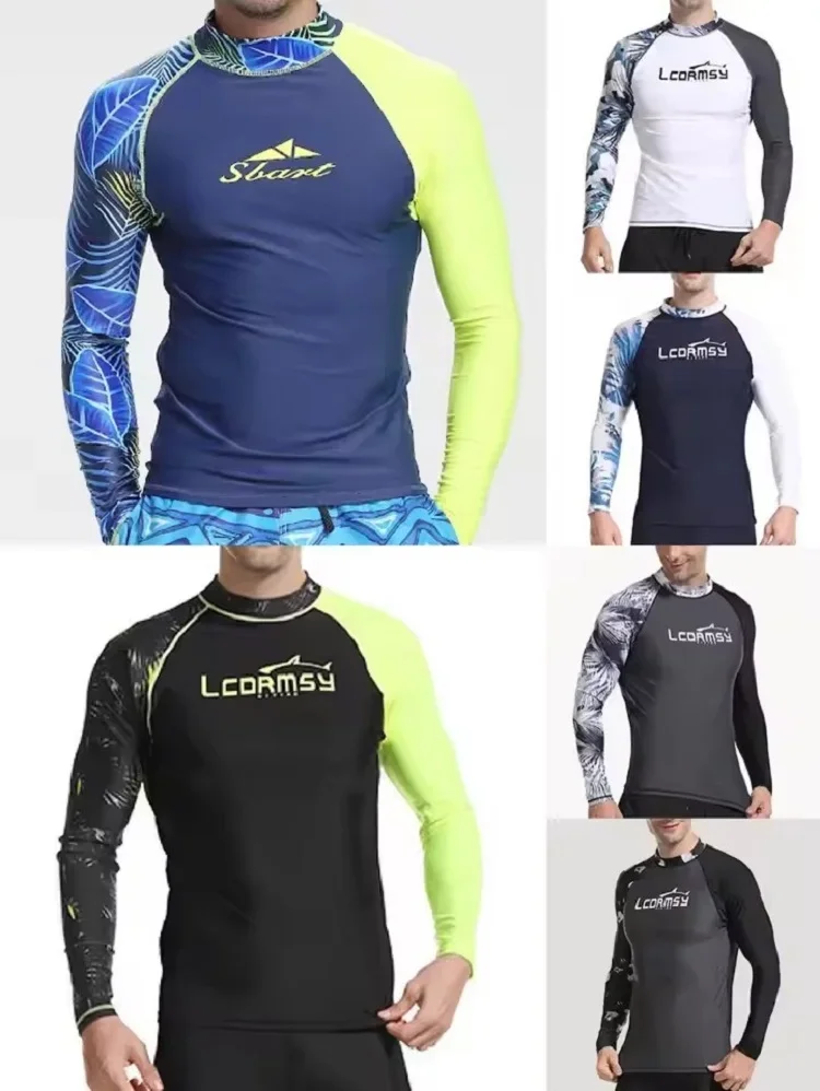 Men's UPF 50+ Long Sleeved Spliced Swimming Slimming Pants Surfing Split Jellyfish Set UV Sunscreen Basic Surfing Diving T-Shirt
