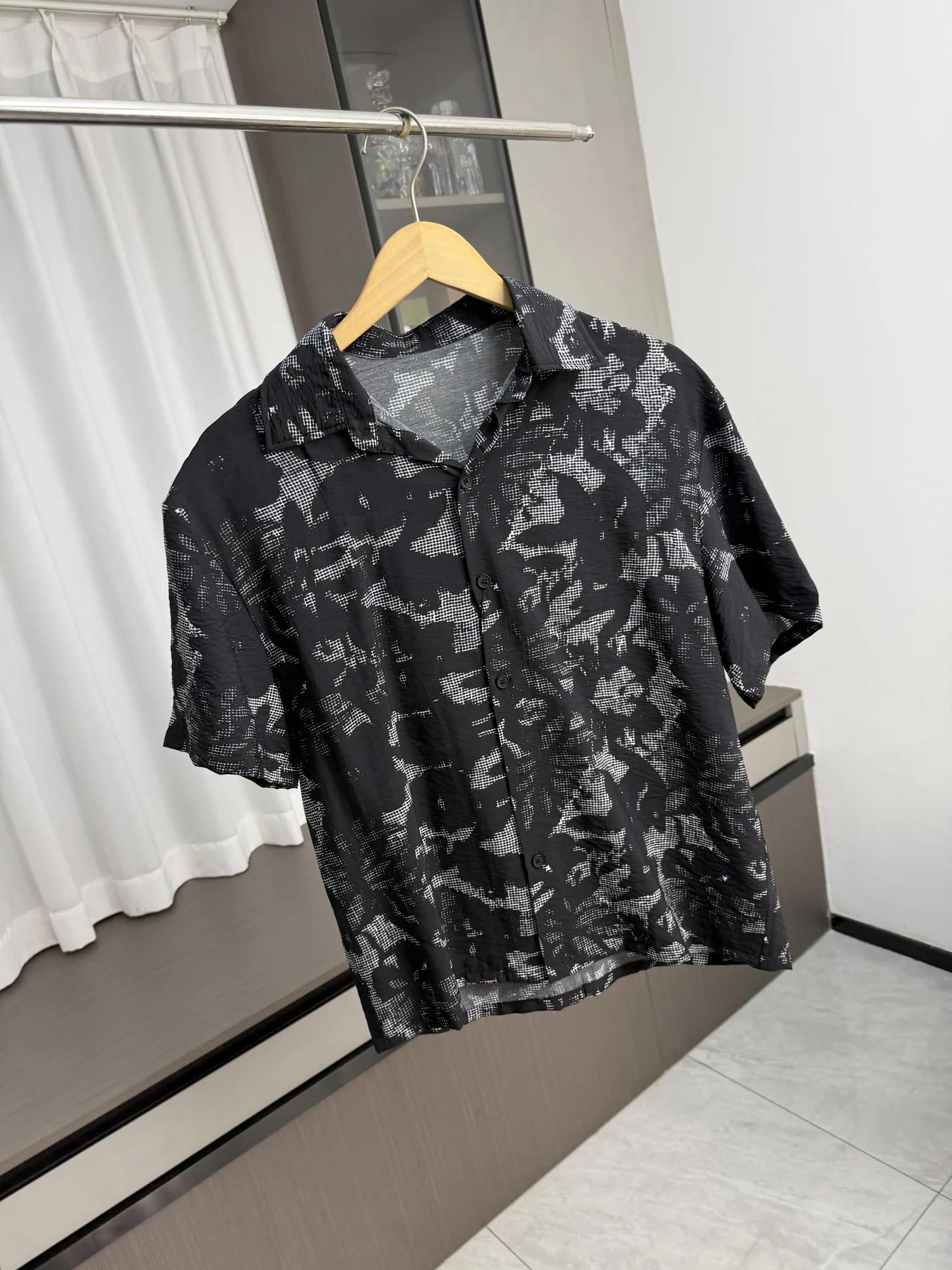 

Casual Contrast Color Printed Shirt Men's Summer Lightweight Workwear Stand Collar Breathable Fashion Urban Style Short Sleeve