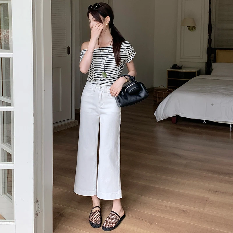 

Женские джинсы Y2k Джинсы Винтажные прямые брюки Широкие брюки Кремовый Белый Зима Новое поступление Передние наклонные карманы