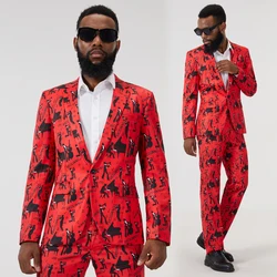 Men's New Fashion Red Piano Printed Blazer Suits(Jacket+ Pants) Business Male Slim Fit Casual Suit of 2PCS Groom's Wedding Dress