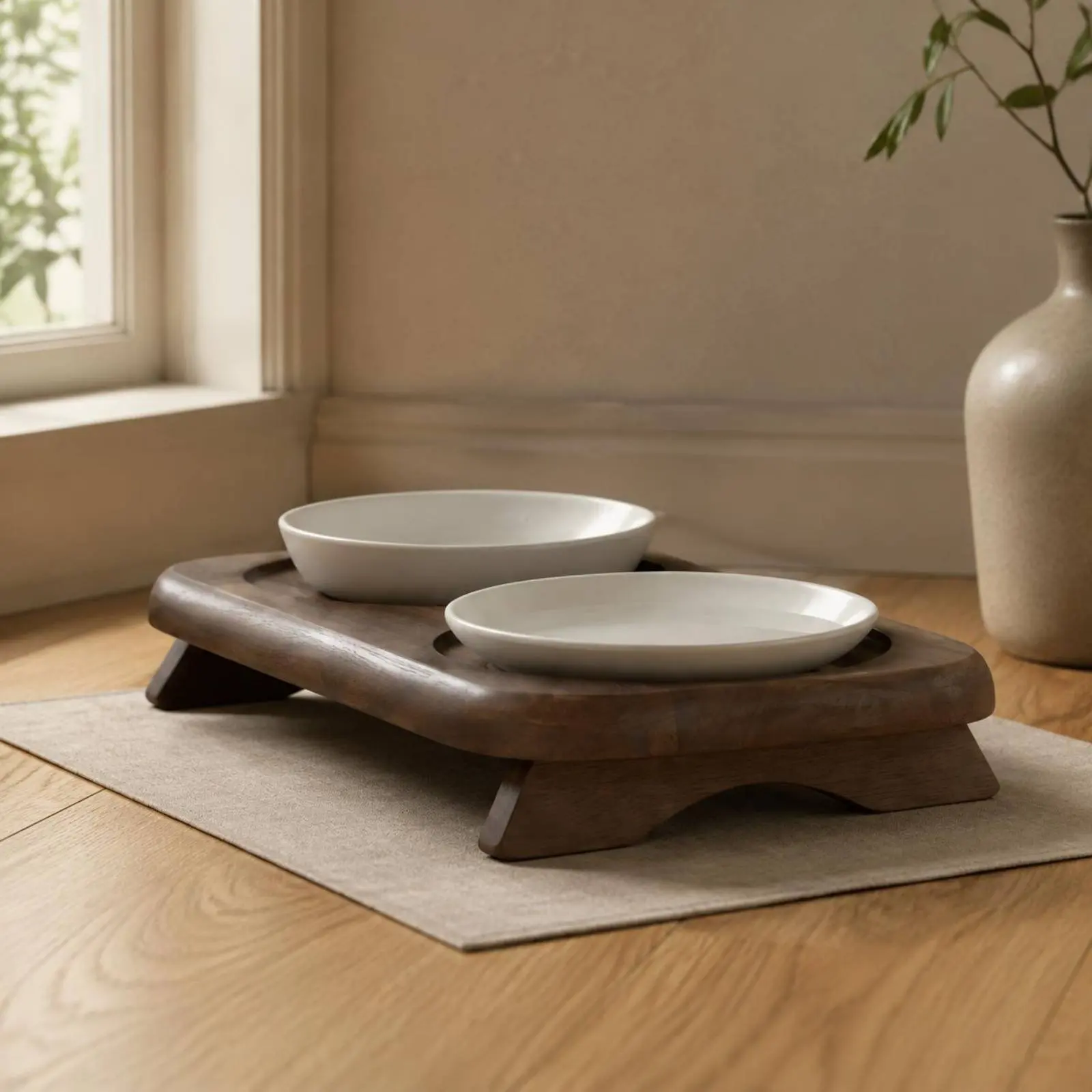 

Double Ceramic Pet Bowl Stand Ergonomic Elevated Kitten Bowl Set Wooden Pet Feeder Microwave Safe Elevated Triple Feeder
