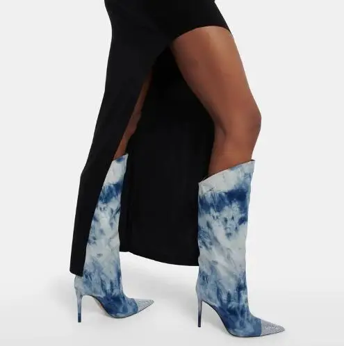 

Blue Denim Black Leather Bling Crystal Rhinestone Pointed Toe Patchwork Knee High Boots Women Stiletto High Heel Modern Boots