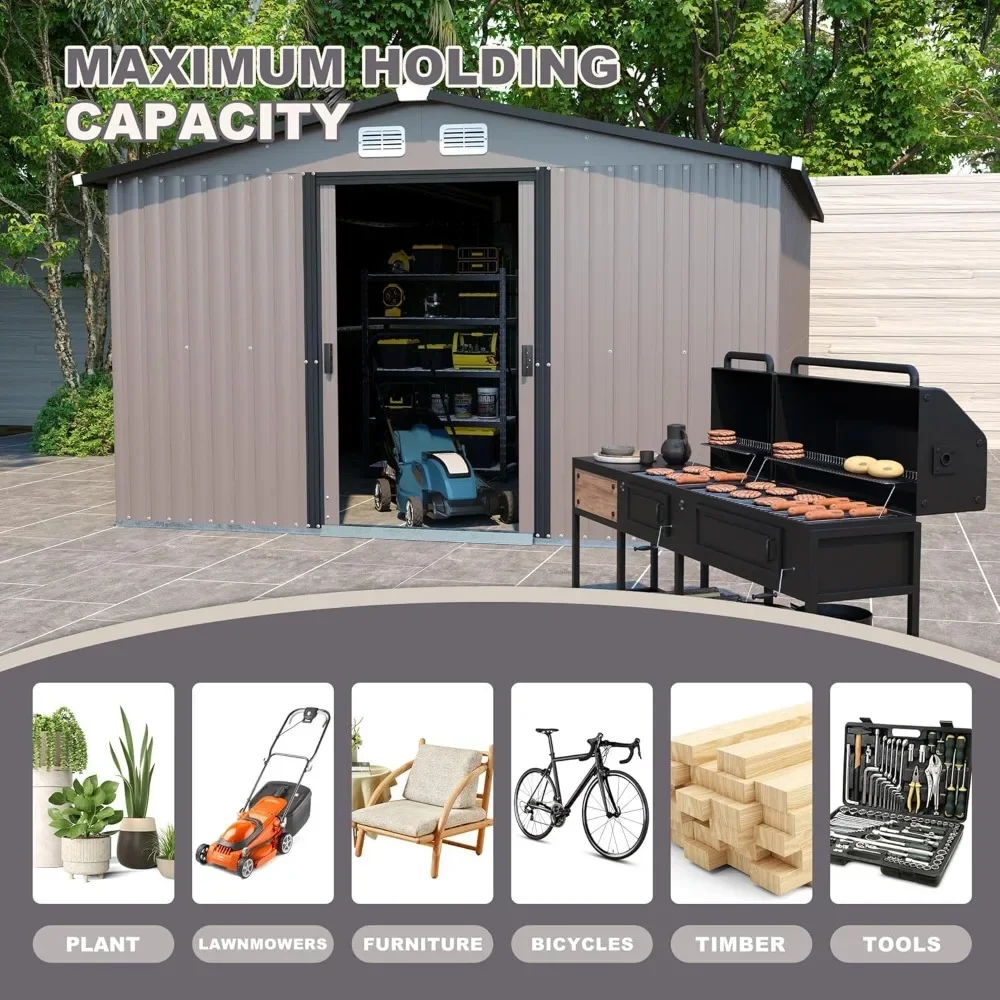 12 X 10 FT Outdoor Storage Shed, Metal Garden Shed With 2 Lockable Sliding Doors, Large Tool Shed