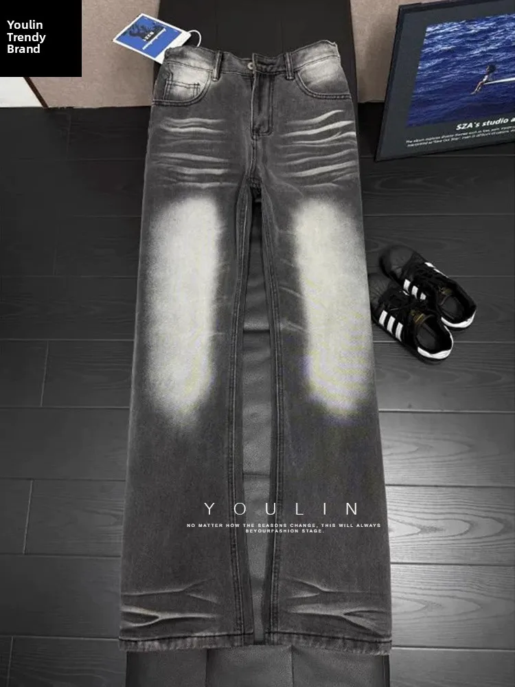 

Bla Mustache Wide Leg Jeans Men's Winter High Street American Vibe Straight Cut Slim Fit Knife Jeans Casual Wear
