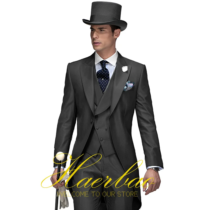 Dark Gray Aristocratic Men\'s Suit Tuxedo Wedding Jacket Pants Vest 3-Piece Set Bridegroom Party Formal Evening Dress