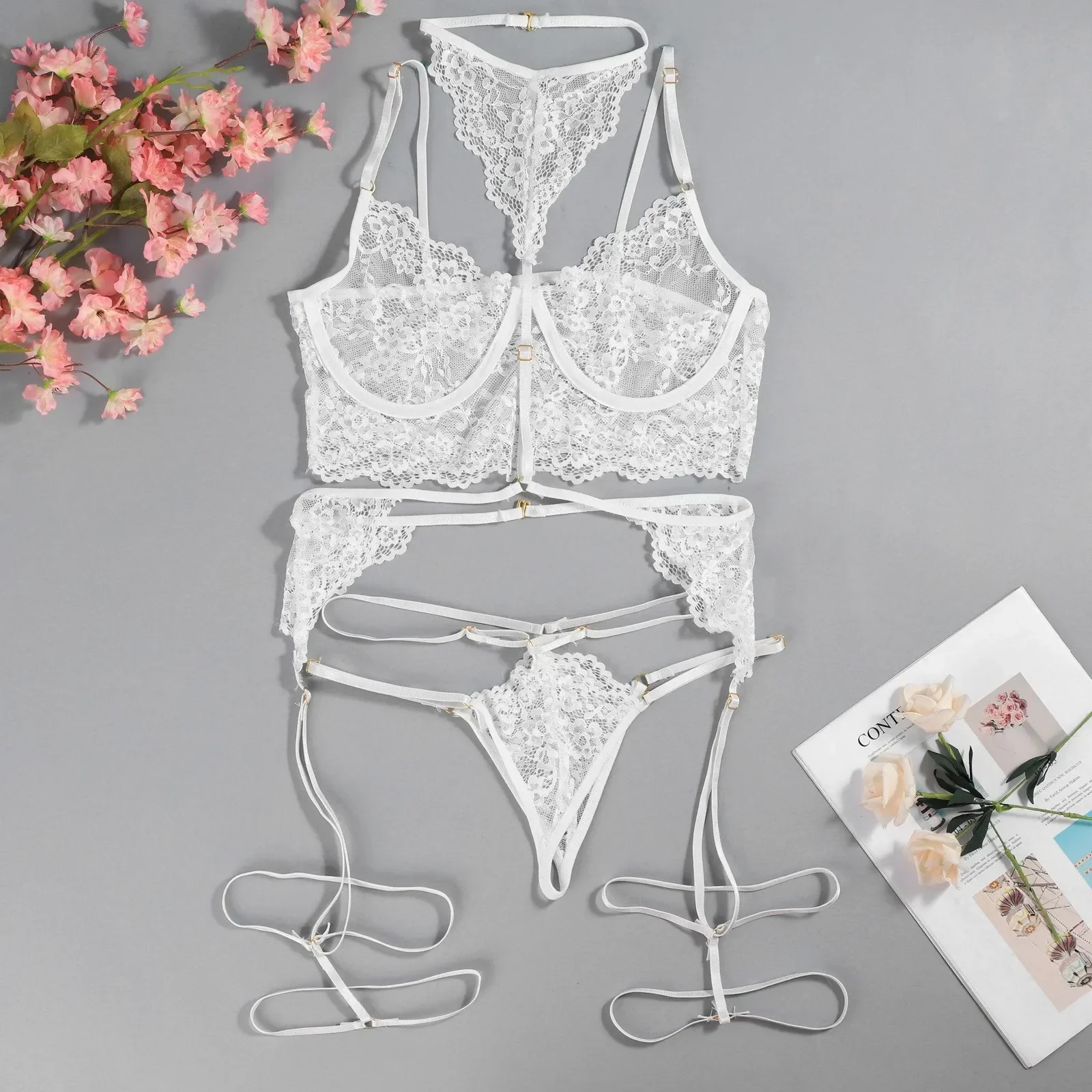 3 قطعة الدانتيل انظر من خلال الصدرية مجموعة النساء مثير الملابس الداخلية الملابس الداخلية الرسن القمم حمالة صدر وسراويل داخلية الرباط ازياء الجنس الحميمة #5