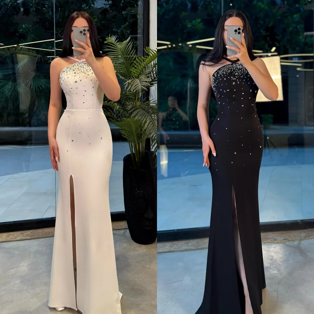 

Customized Matching Sparkle Jersey Rhinestone Pleat Mermaid Halter Long Dresses Bespoke Occasion Dresses High Quality Fashion