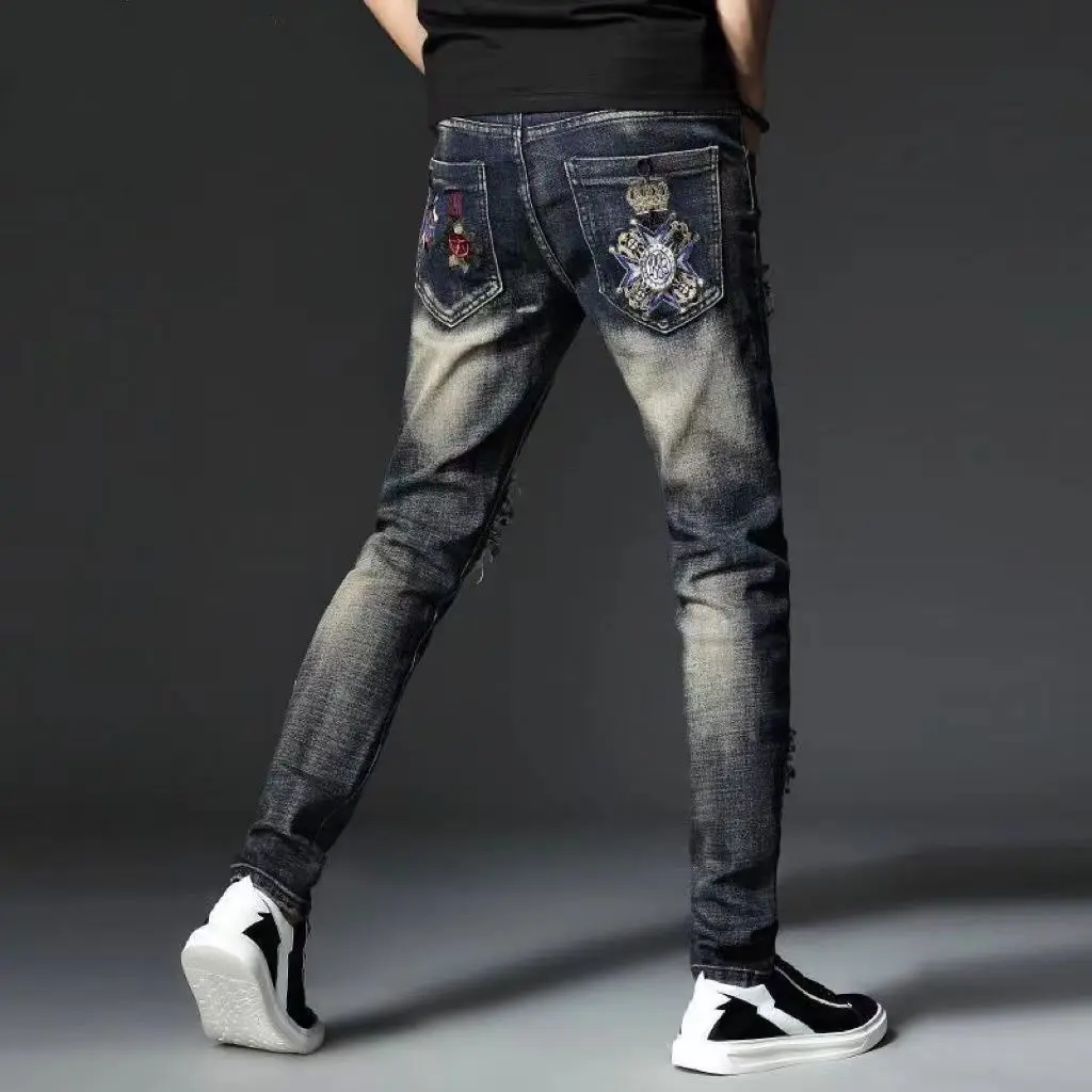 Harajuku 2025 Trendy Brand Embroidered Jeans Men's Trend Slim-fit Luxury Ripped Holes Beggar Autumn and Winter New Elastic Pants