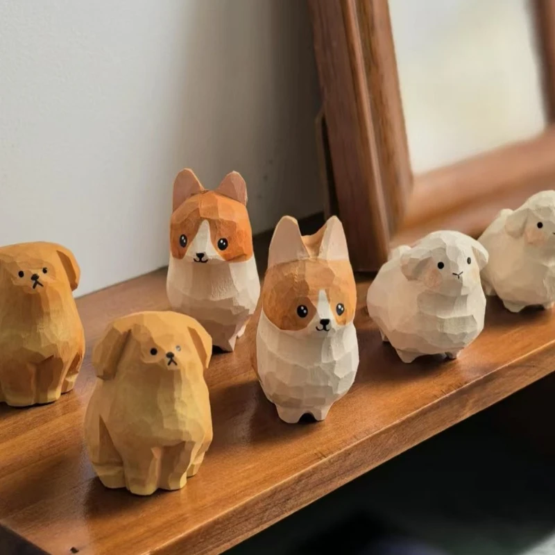 Handmade Wood Lamb,Corgi and Golden Retriever Puppy Figurine Cute Animal Home Decor Mini Wooden Ornament Lovely Pet Lover Gift