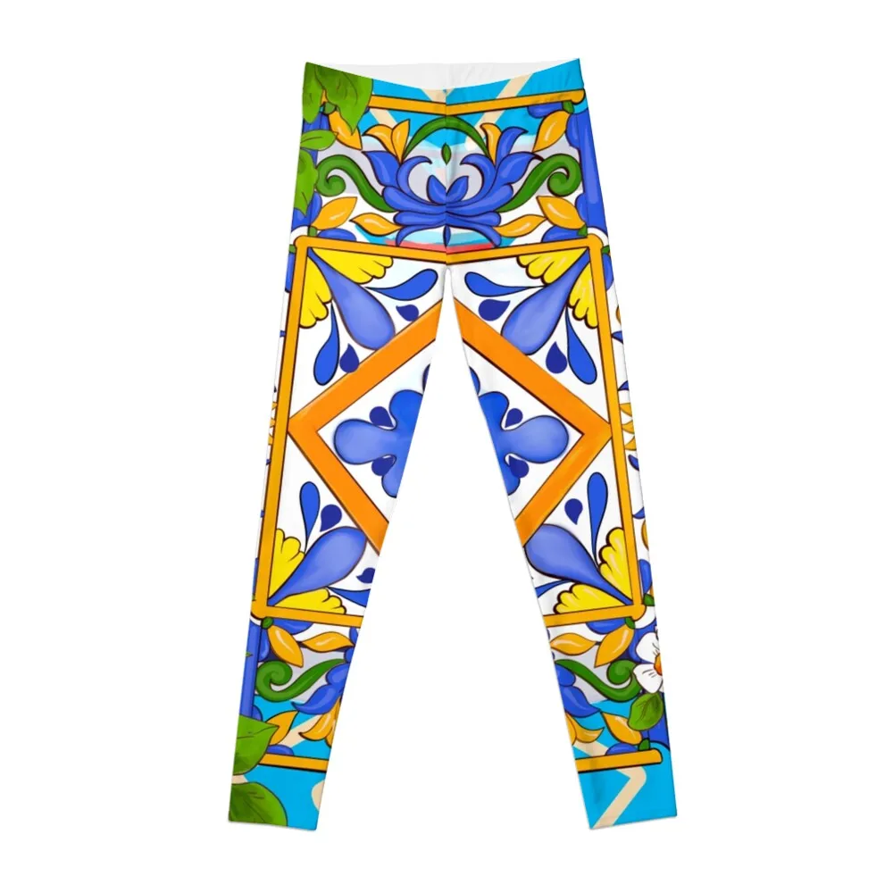 Summer ,Sicilian tiles ,citrus,lemons ,majolica Mediterranean Leggings sport legging Womens Leggings