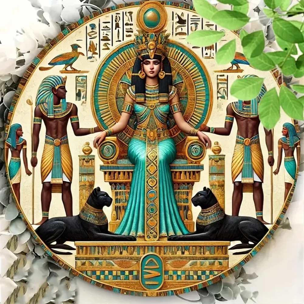 

Egyptian Motif Engraved Aluminum Round Sign – Vintage Foil Wall Art for Home Interiors, Museum-Themed Bars