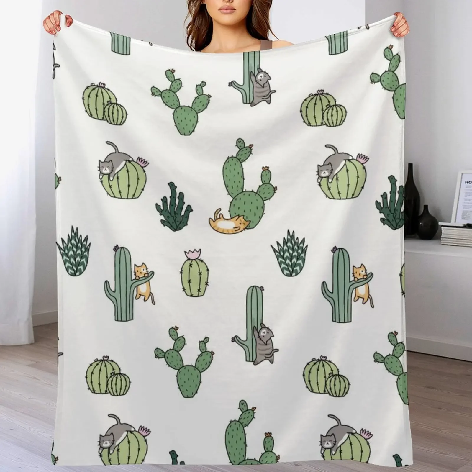 

Cacti Cats Throw Blanket Ultra Soft Flannel Fleece Blanket for All Seasons