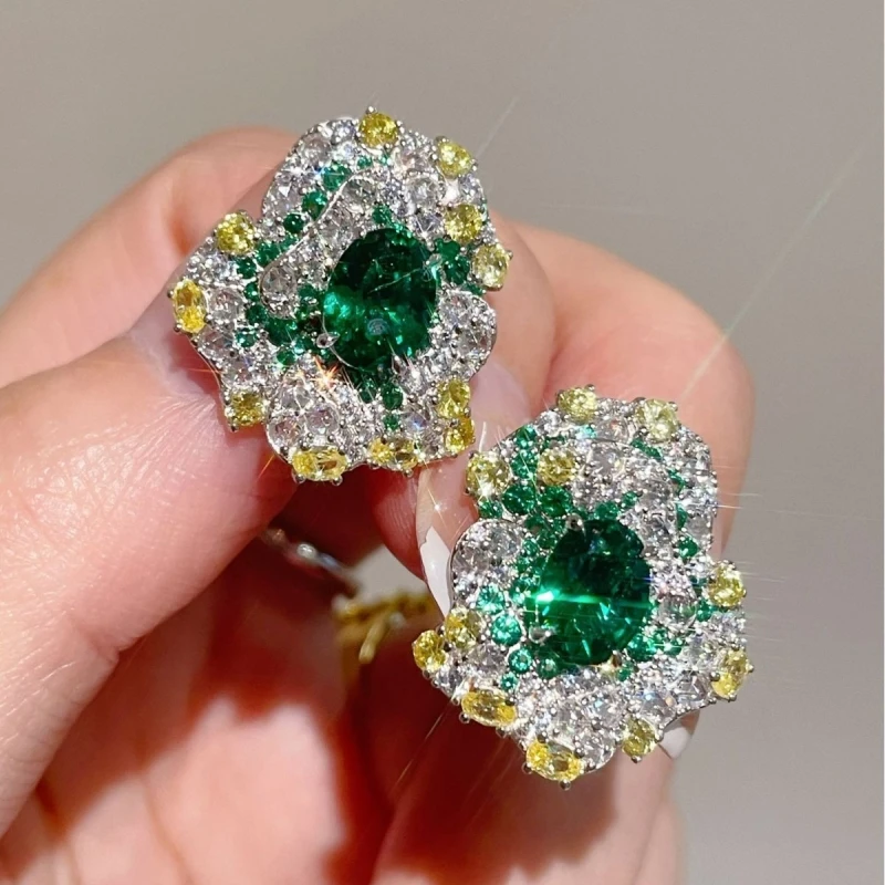 Bellux 925 Silver Gold Plated Carbon Diamond Zircon Muzo Green Oval Shaped Emerald Gems Rose Flower Secret Garden Girls Earrings