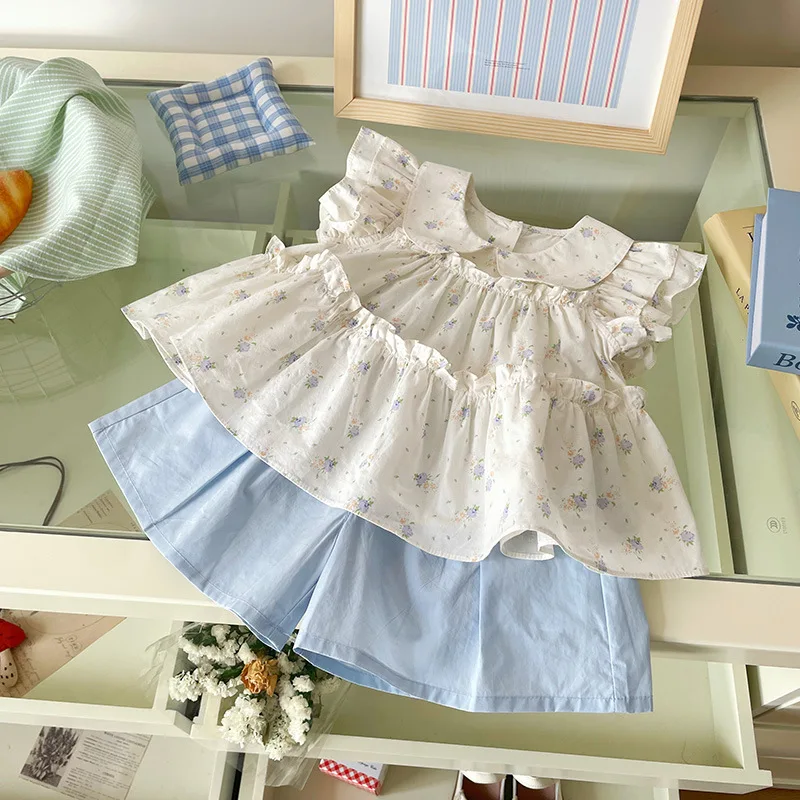 

Girls' Set 2025 Summer New Korean Style Flying Sleeve Floral Lapel Sleeveless Shirt and Short Pants Set New Design