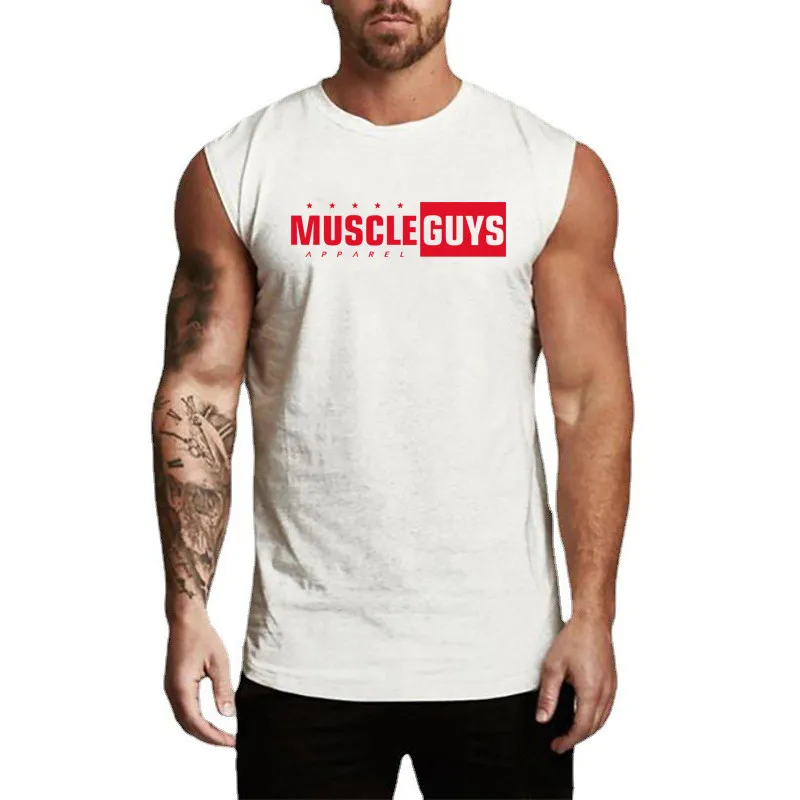 

Muscleguys Pure Cotton Slim Fit Gym Sports Men Summer Bodybuilding Fitness Workout Letter Printed Sportswear Tank Top