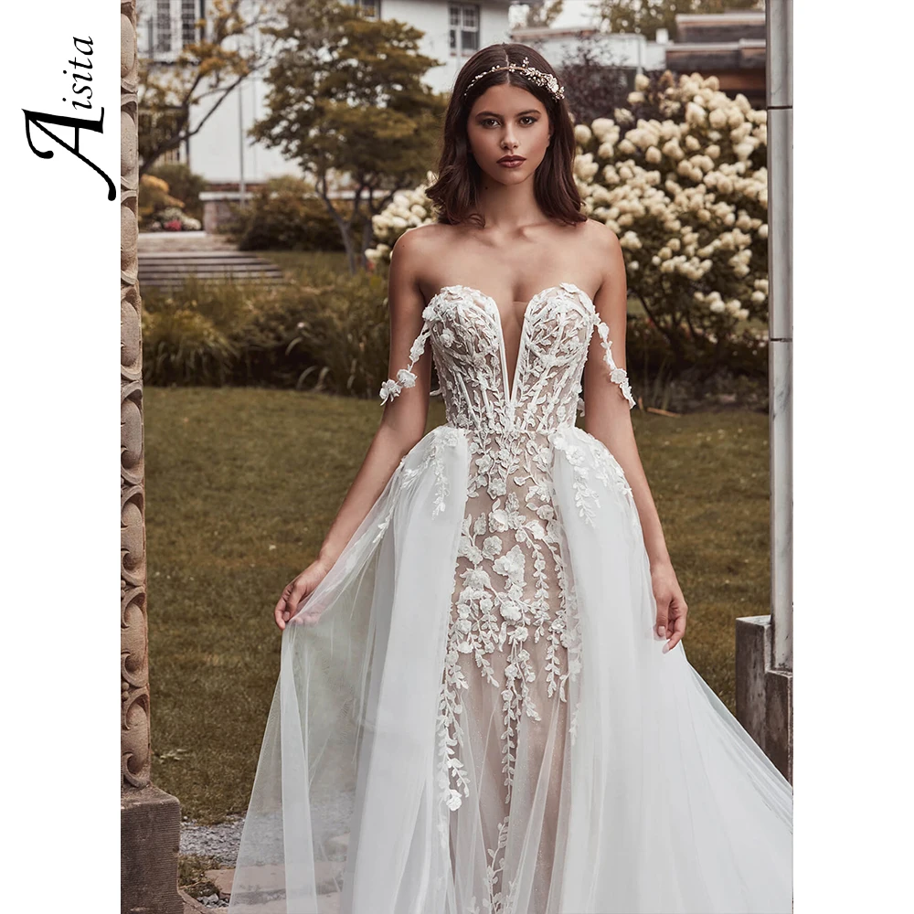 Romantic A-Line Wedding Dress 3D Lvory Lace Womens Dresses Off Shoulder Floral Straps Elegant and Pretty Women's Dresses Vestido