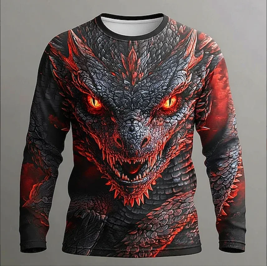 Men Cool Fantasy Ice Dragon 3D Print Long Sleeve T-shirt Polyester Fiber O-neck Casual Streetwear Animal Graphic Tops