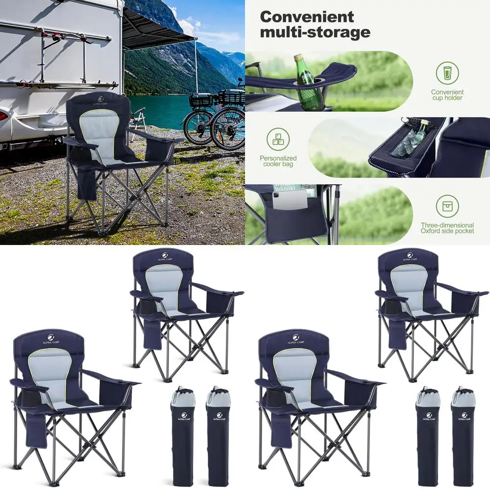

Портативное усиленное кресло для кемпинга на открытом воздухе с мягким сиденьем, подстаканником, карманом для хранения и сумкой-холодильником, выдерживает нагрузку до 450 фунтов, идеально подходит