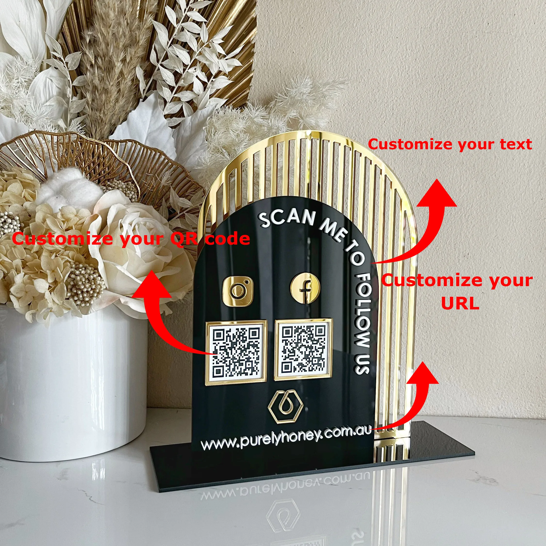 حامل رمز الاستجابة السريعة المقوس الحديث المخصص، لافتة عمل أكريليك قائمة بذاتها مع شاشة عرض الوسائط الاجتماعية المعاصرة على Instagram QR #4