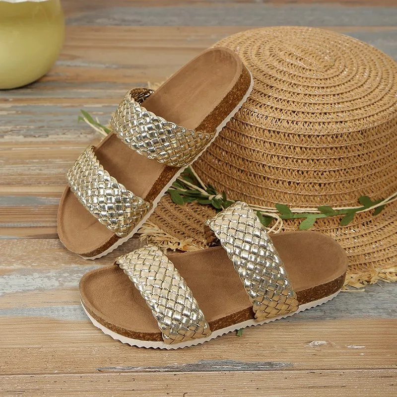 Sandalias trenzadas con punta abierta para niina, zapatos planos a la moda para vacaciones de verano, Color sólido, cómodos,