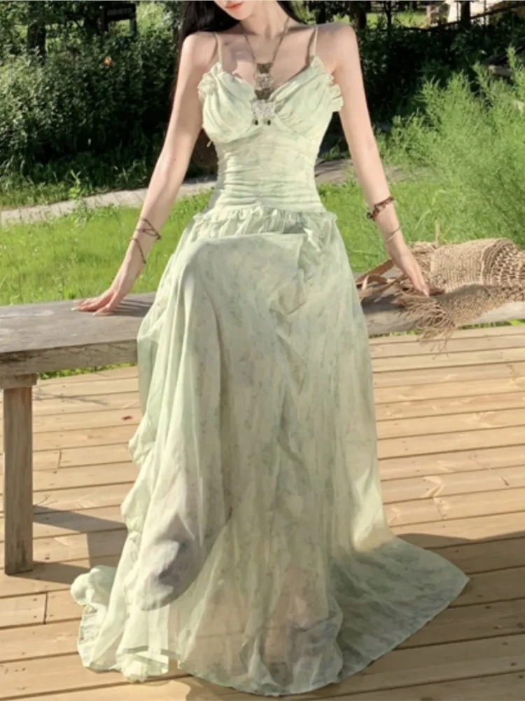 Dolce verde cinturino per spaghetti abiti da donna elegante senza maniche volant piega fata vestito da partito estate prato cortile abiti nuovo