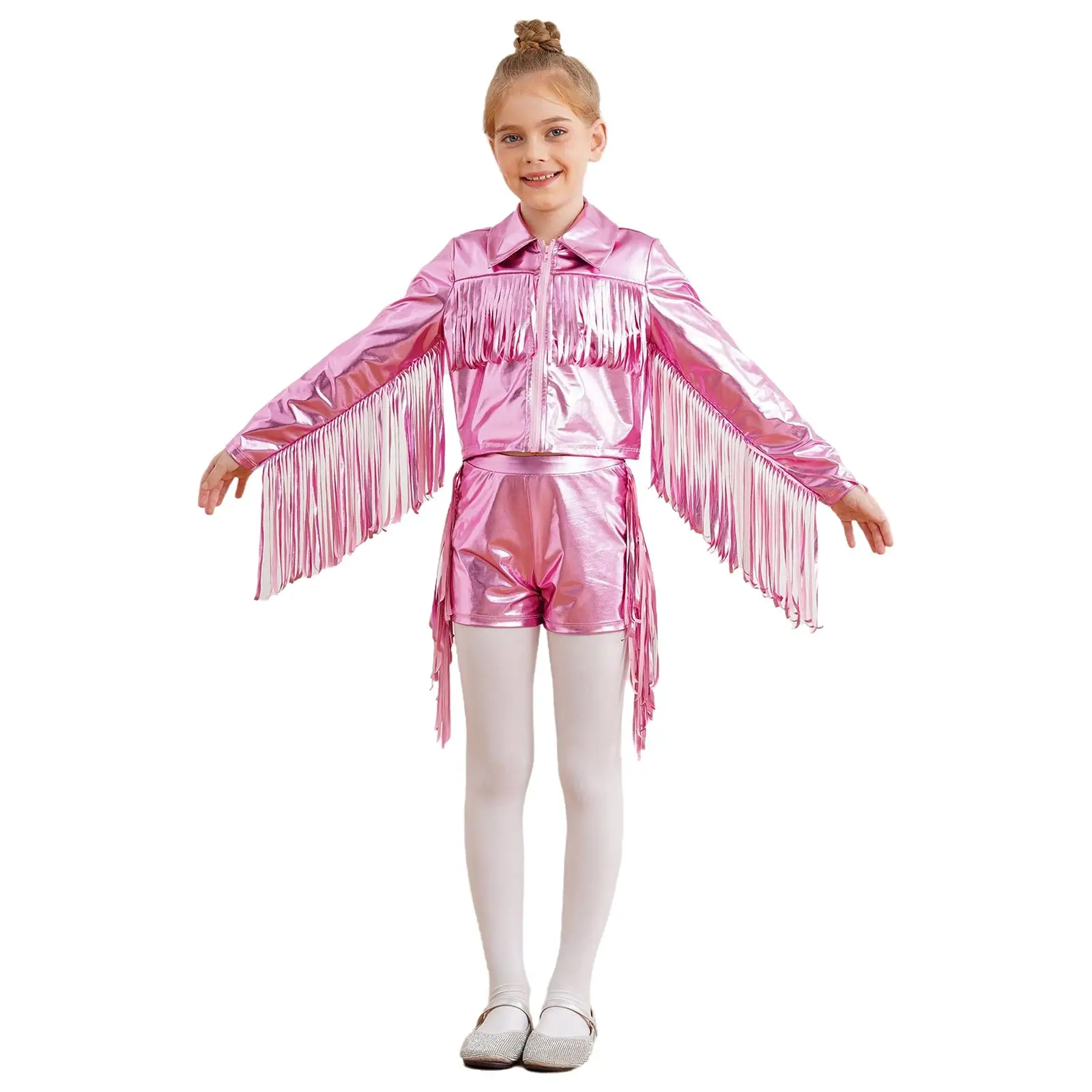 

Kids Girls Sports Outfits Jazz Hip Hop Street Dance Costume Metallic Tassel Long Sleeves Jacket Coat with Shorts Streetwear
