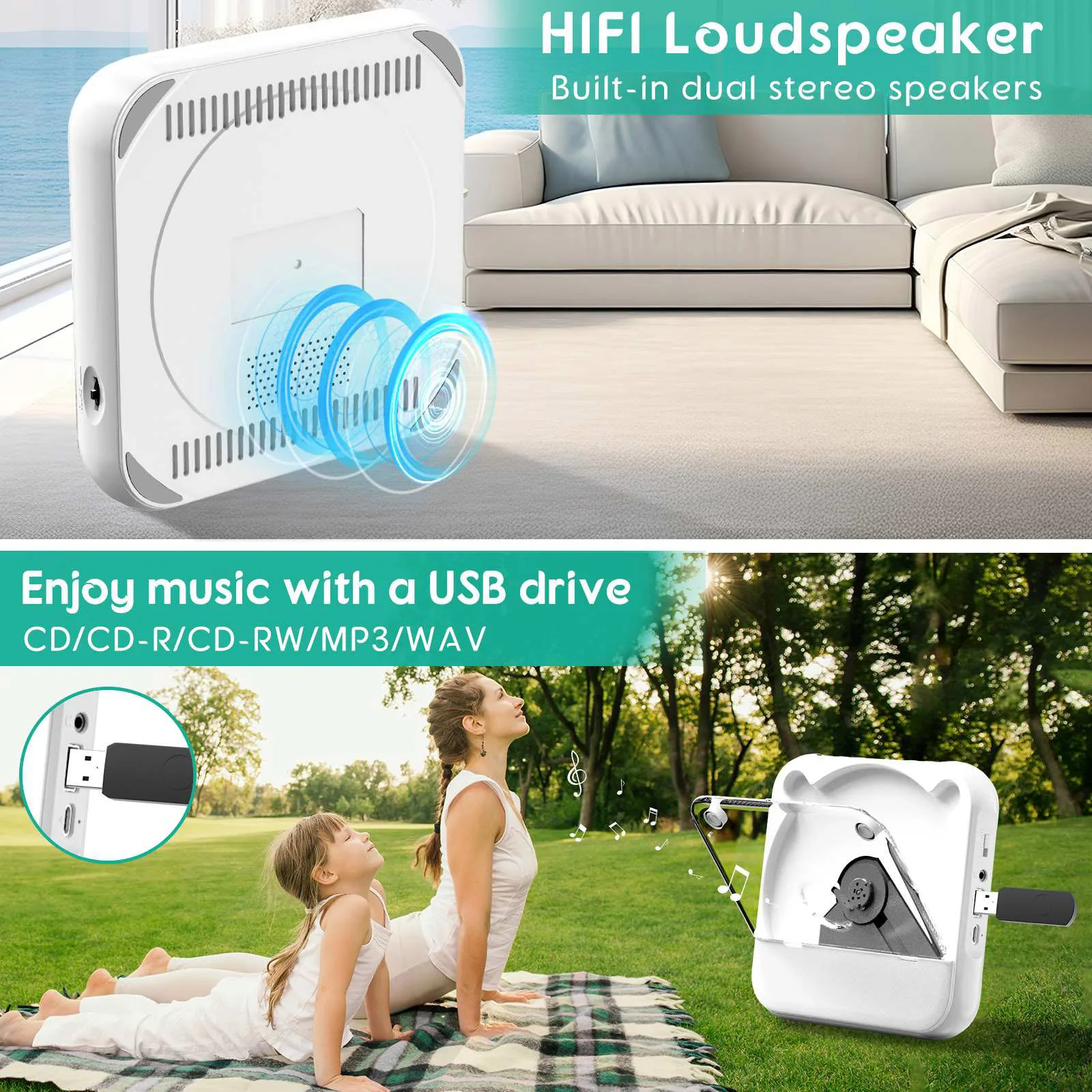 1PC Portable CD Player Bluetooth 5.3 Walkman with 2000mAh Rechargeable Built-in Speaker USB AUX Earphone