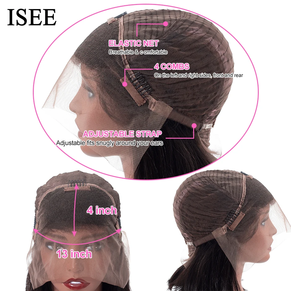 ISEE-Perucas dianteiras retas do laço para mulheres, cabelo humano brasileiro, 13x4, densidade de 220%