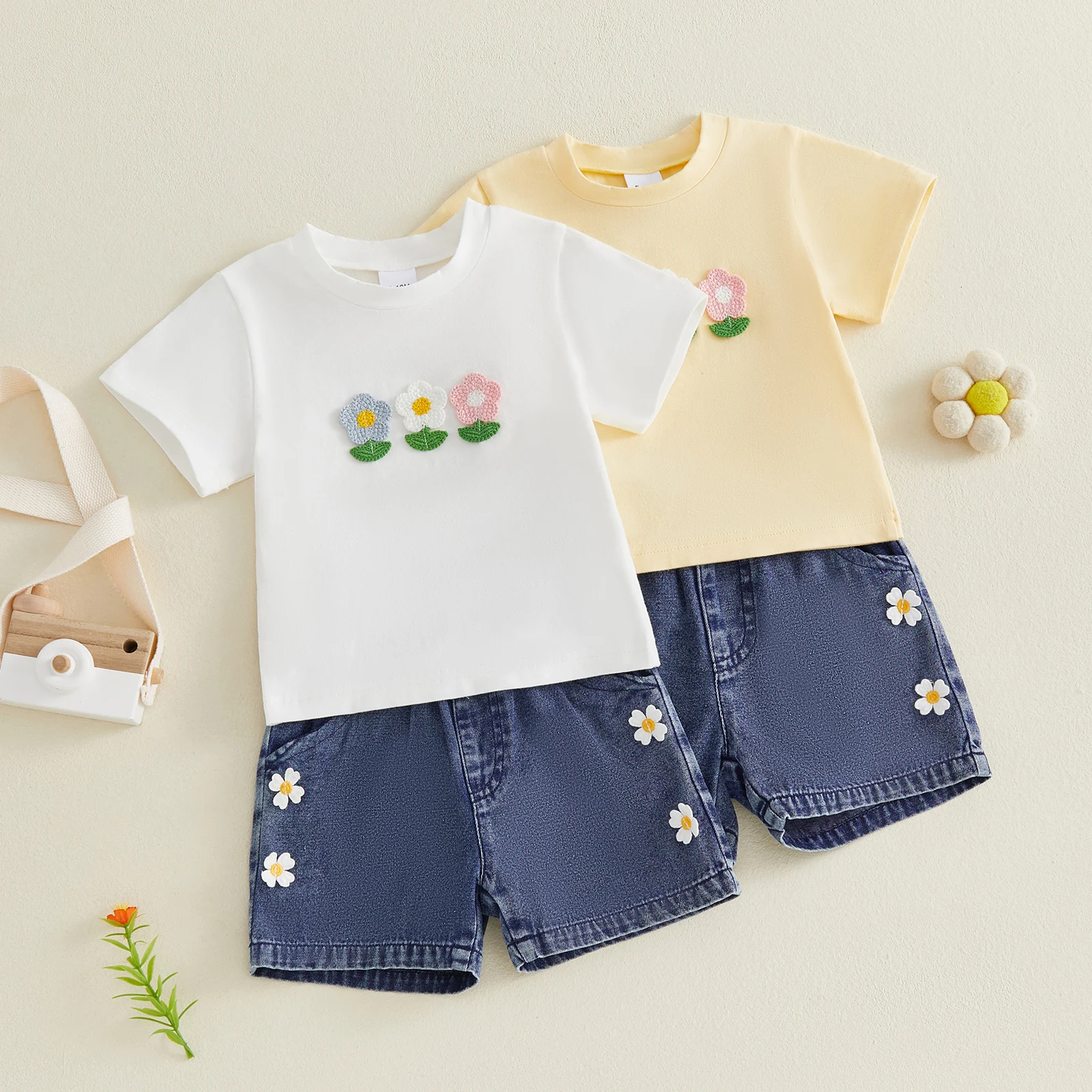 1-5Y Little Girls Short Sets Short Sleeve Flower T-shirt with Denim Shorts Jeans Outfits Cute Kids Children's Summer Sets