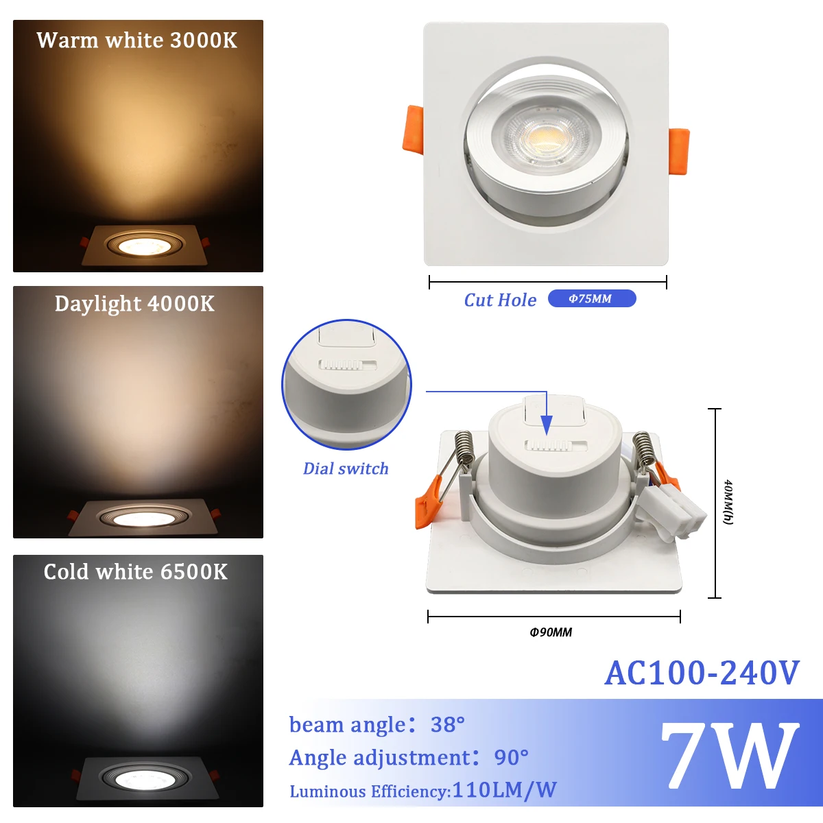 1-10 stks 7 W 3 CCT LED Kleur veranderen 3000 K 4000 K 6000 K LED Plafondspot ingebed licht AC 110 V 220 V Aanpassen 90 °   verlichting Spot